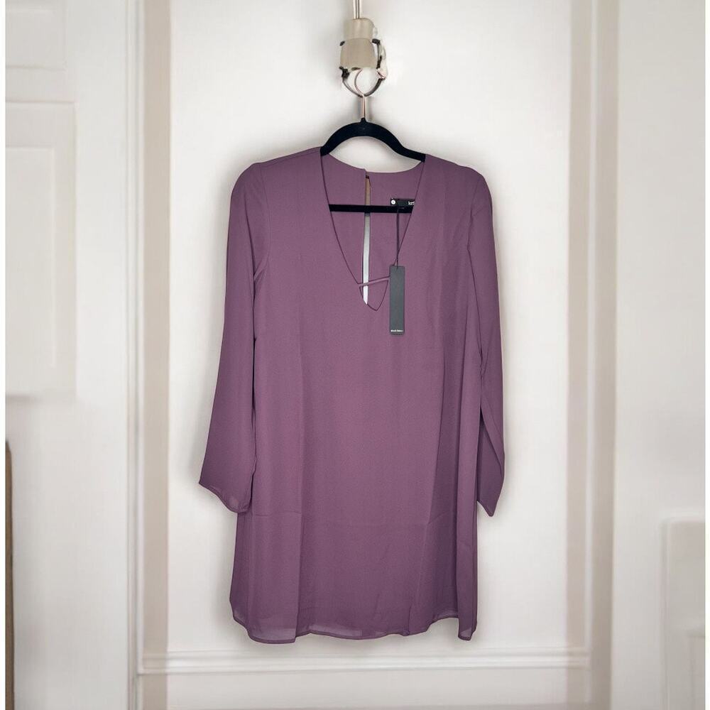 ☀️Krisa Revolve Plum Purple V-Neck Long Sleeve Shift Mini Dress Size Small NWT